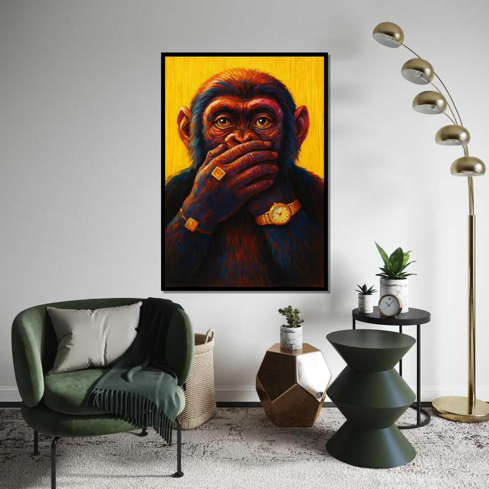 Chic Chimp, Silence Gold Jewelry, Colorful Monkey Canvas, Animal Wall Art, Canvas Design, Framed Canvas Ready to Hang, Luxury Decor