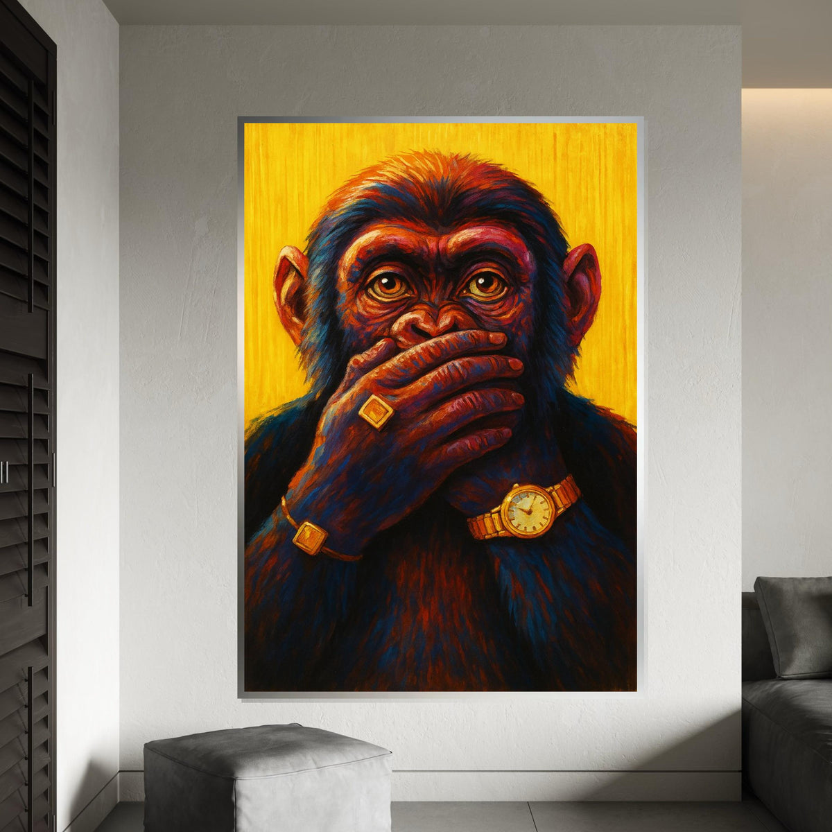 Chic Chimp, Silence Gold Jewelry, Colorful Monkey Canvas, Animal Wall Art, Canvas Design, Framed Canvas Ready to Hang, Luxury Decor