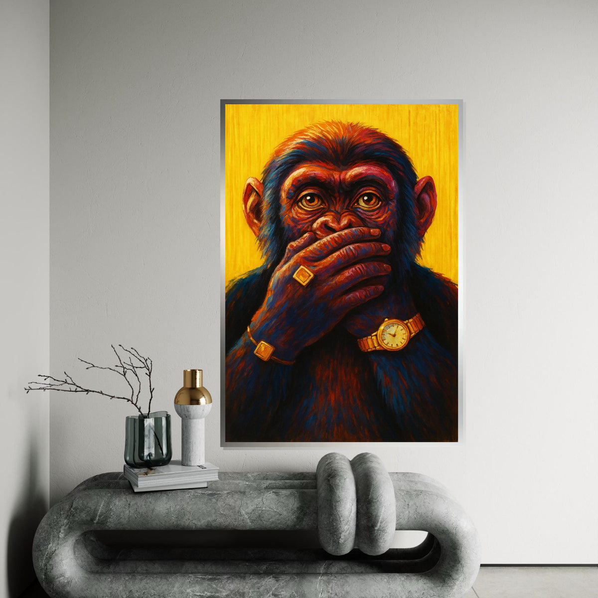 Chic Chimp, Silence Gold Jewelry, Colorful Monkey Canvas, Animal Wall Art, Canvas Design, Framed Canvas Ready to Hang, Luxury Decor