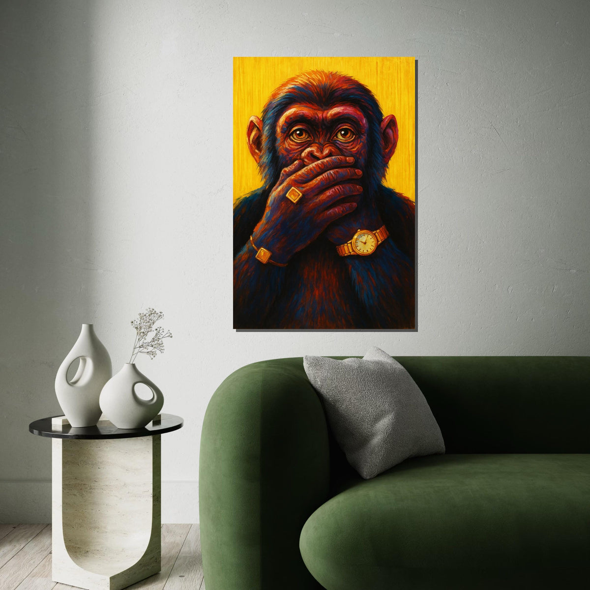 Chic Chimp, Silence Gold Jewelry, Colorful Monkey Canvas, Animal Wall Art, Canvas Design, Framed Canvas Ready to Hang, Luxury Decor
