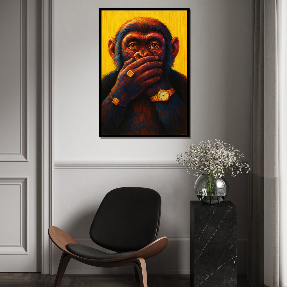 Chic Chimp, Silence Gold Jewelry, Colorful Monkey Canvas, Animal Wall Art, Canvas Design, Framed Canvas Ready to Hang, Luxury Decor