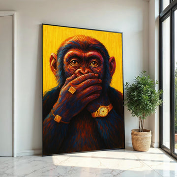 Chic Chimp, Silence Gold Jewelry, Colorful Monkey Canvas, Animal Wall Art, Canvas Design, Framed Canvas Ready to Hang, Luxury Decor