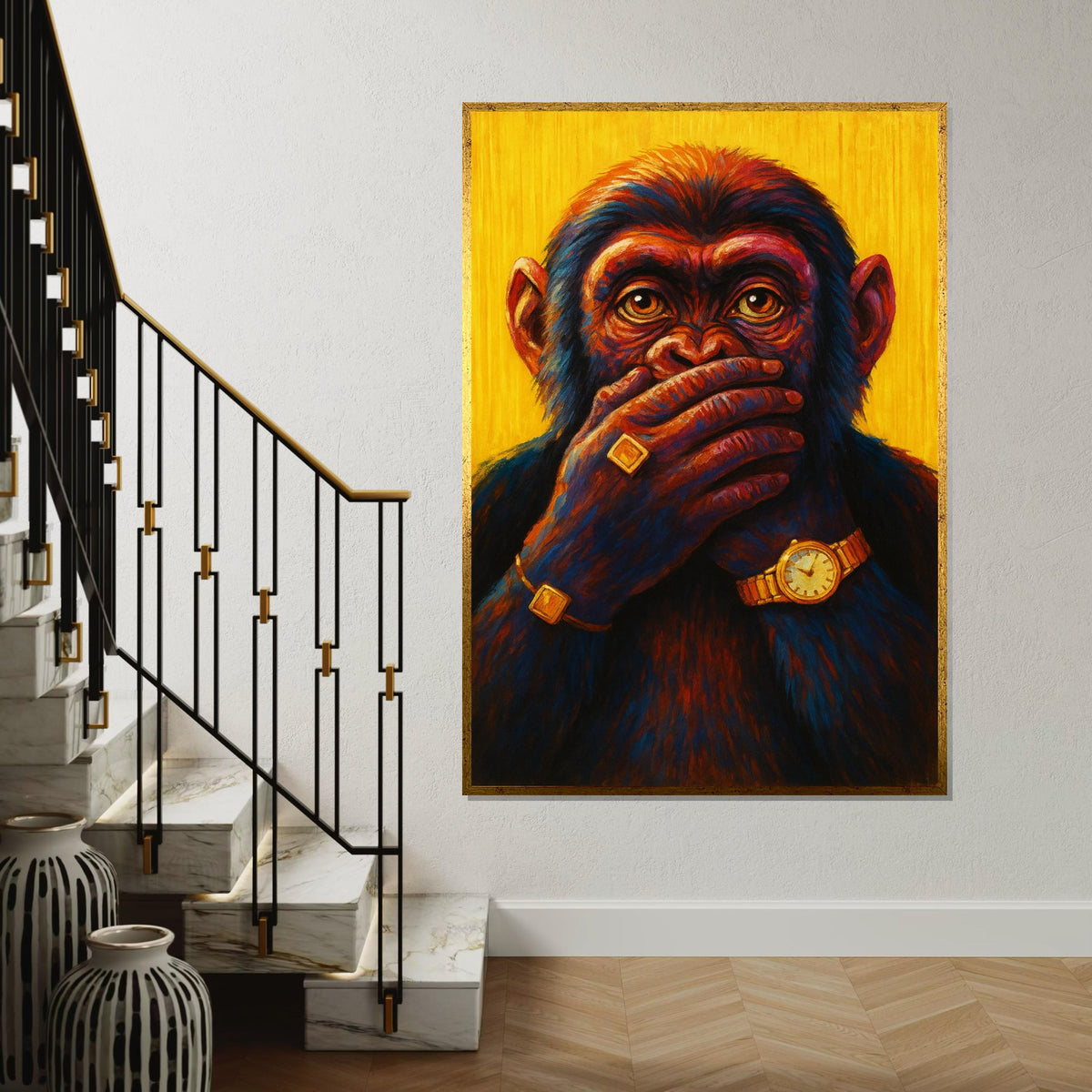 Chic Chimp, Silence Gold Jewelry, Colorful Monkey Canvas, Animal Wall Art, Canvas Design, Framed Canvas Ready to Hang, Luxury Decor