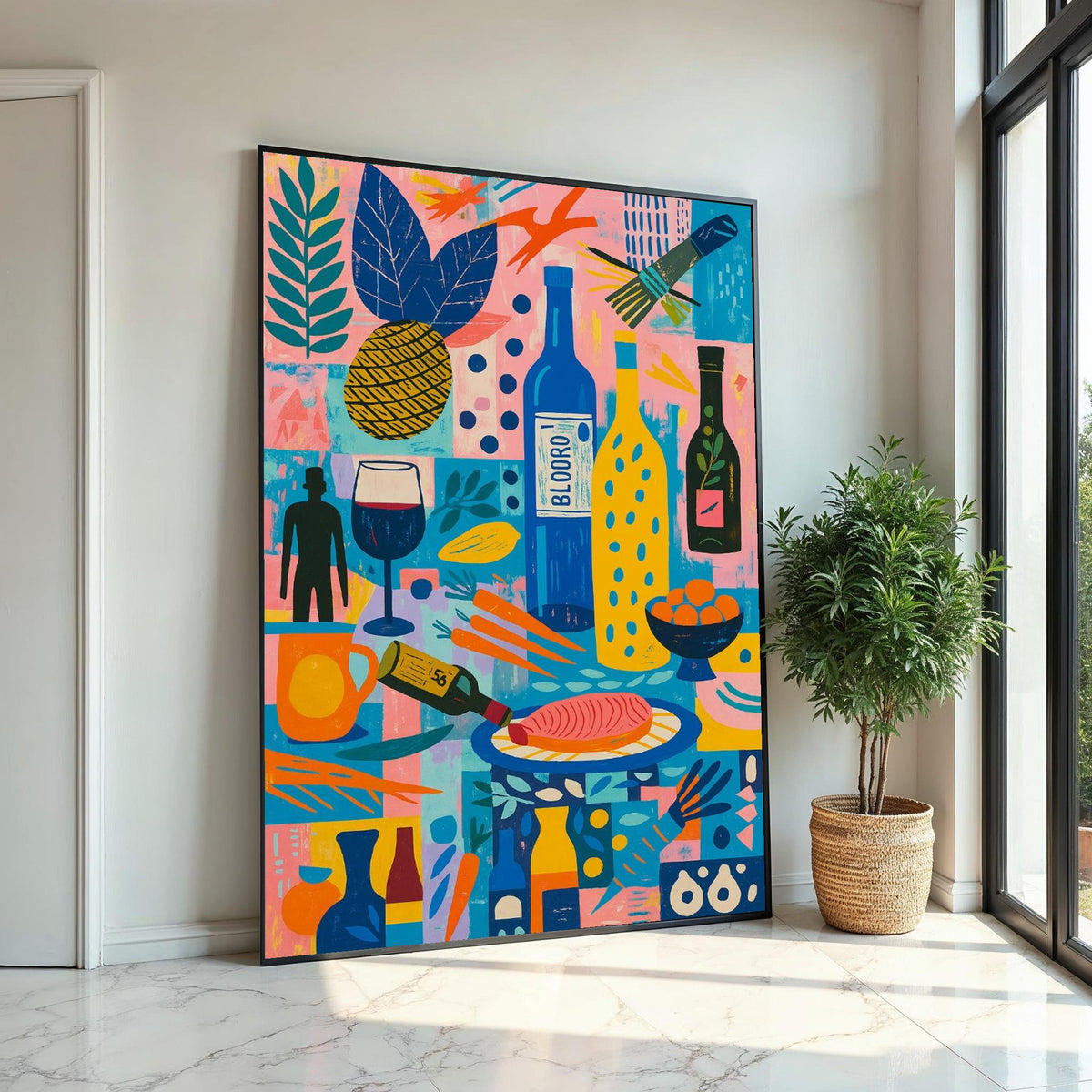Retro Kitchen Canvas Art, Colorful Abstract Food Print, Wine and Fruit Wall Art, Vintage Kitchen Decor, Wall Art Canvas Design, Ready to