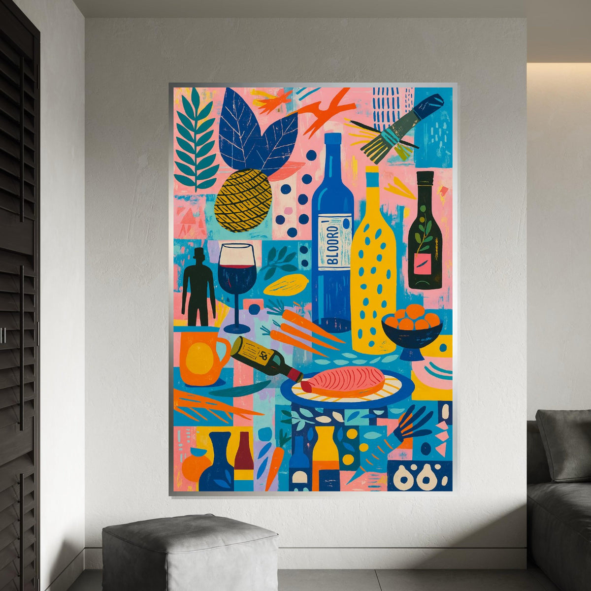 Retro Kitchen Canvas Art, Colorful Abstract Food Print, Wine and Fruit Wall Art, Vintage Kitchen Decor, Wall Art Canvas Design, Ready to