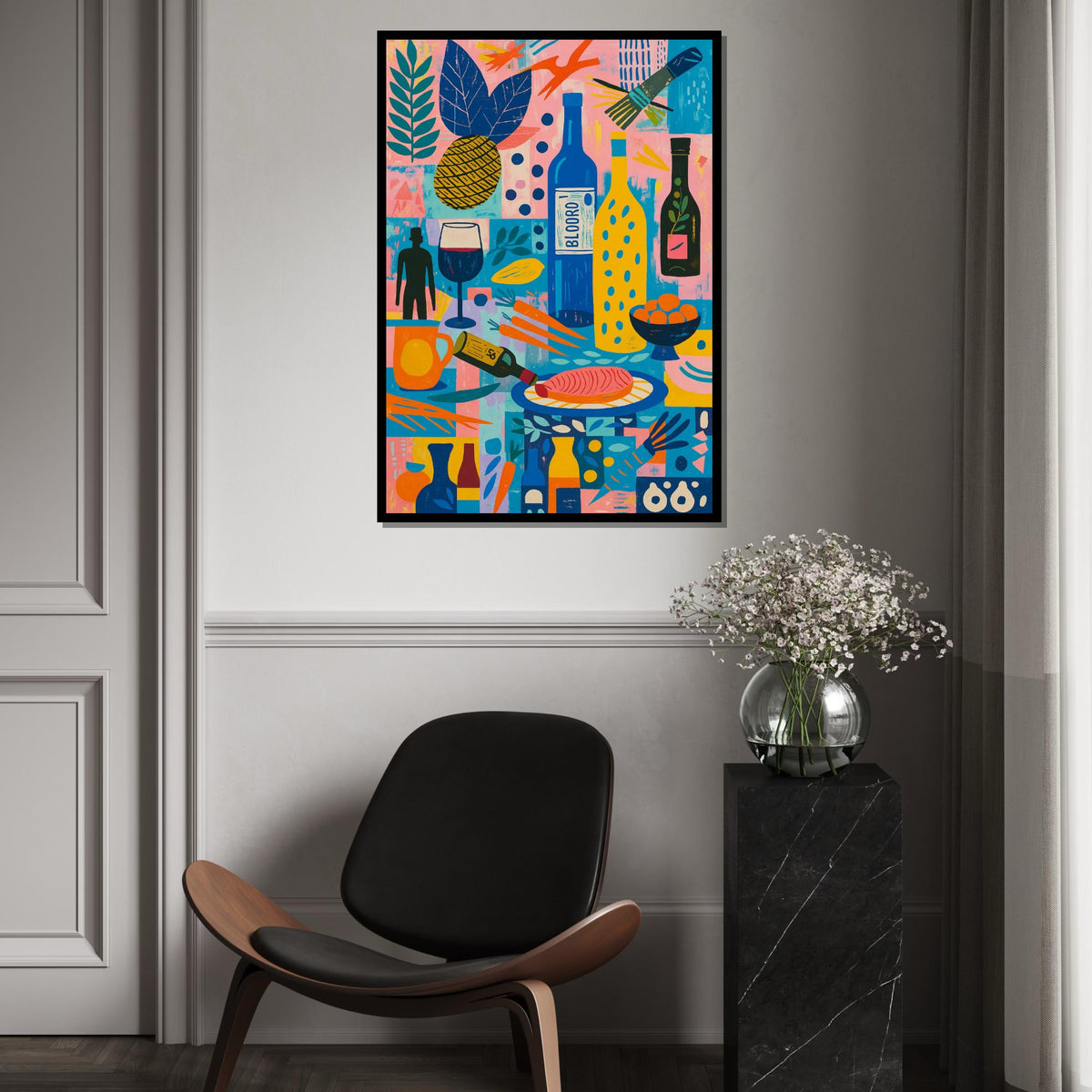 Retro Kitchen Canvas Art, Colorful Abstract Food Print, Wine and Fruit Wall Art, Vintage Kitchen Decor, Wall Art Canvas Design, Ready to