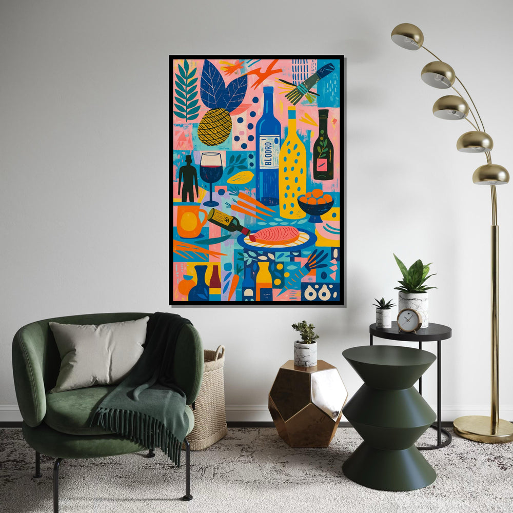 Retro Kitchen Canvas Art, Colorful Abstract Food Print, Wine and Fruit Wall Art, Vintage Kitchen Decor, Wall Art Canvas Design, Ready to