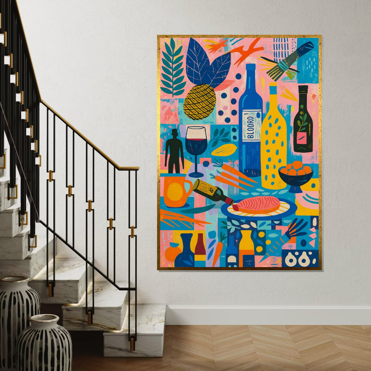 Retro Kitchen Canvas Art, Colorful Abstract Food Print, Wine and Fruit Wall Art, Vintage Kitchen Decor, Wall Art Canvas Design, Ready to
