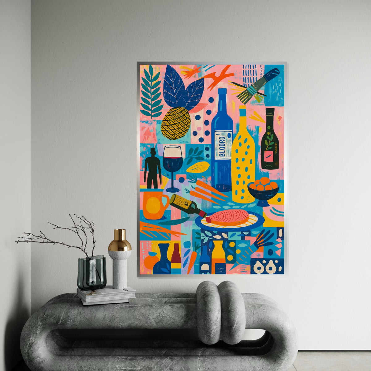 Retro Kitchen Canvas Art, Colorful Abstract Food Print, Wine and Fruit Wall Art, Vintage Kitchen Decor, Wall Art Canvas Design, Ready to