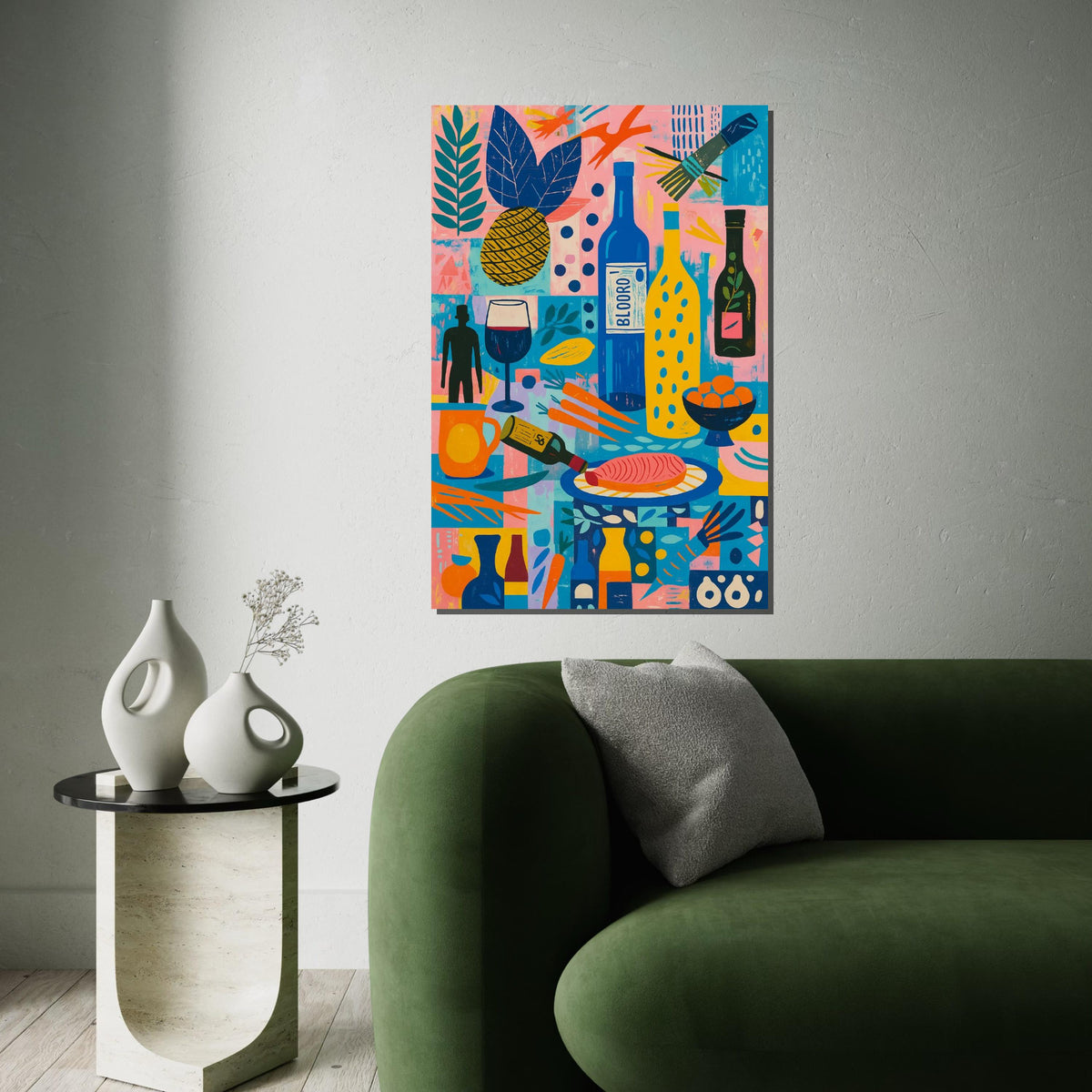 Retro Kitchen Canvas Art, Colorful Abstract Food Print, Wine and Fruit Wall Art, Vintage Kitchen Decor, Wall Art Canvas Design, Ready to