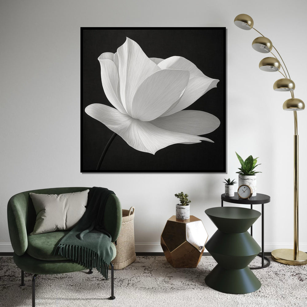 Elegant White Flower Canvas, Black and White Floral Art, Modern Wall Art Canvas Design, Ready to Hang Decoration, Nature Art Print