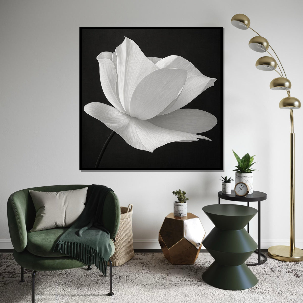Elegant White Flower Canvas, Black and White Floral Art, Modern Wall Art Canvas Design, Ready to Hang Decoration, Nature Art Print