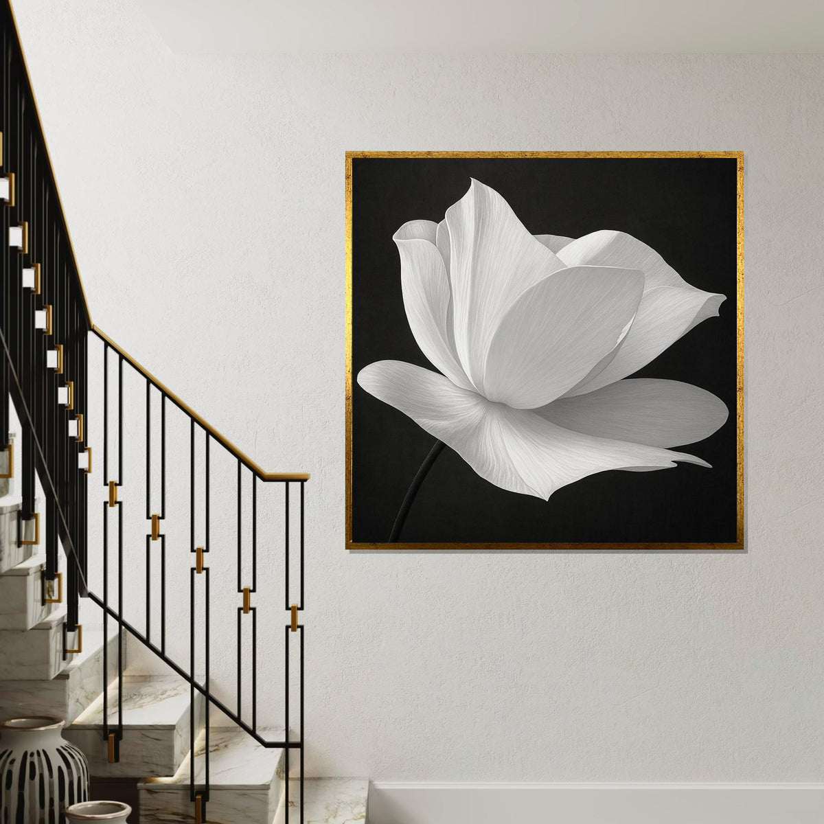 Elegant White Flower Canvas, Black and White Floral Art, Modern Wall Art Canvas Design, Ready to Hang Decoration, Nature Art Print