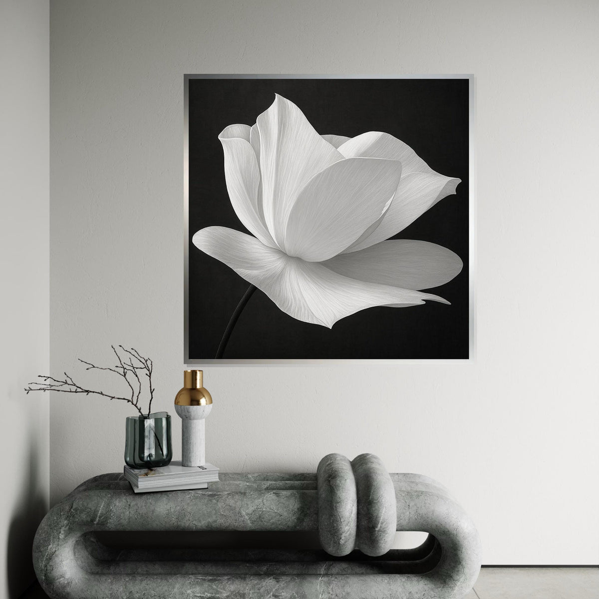 Elegant White Flower Canvas, Black and White Floral Art, Modern Wall Art Canvas Design, Ready to Hang Decoration, Nature Art Print