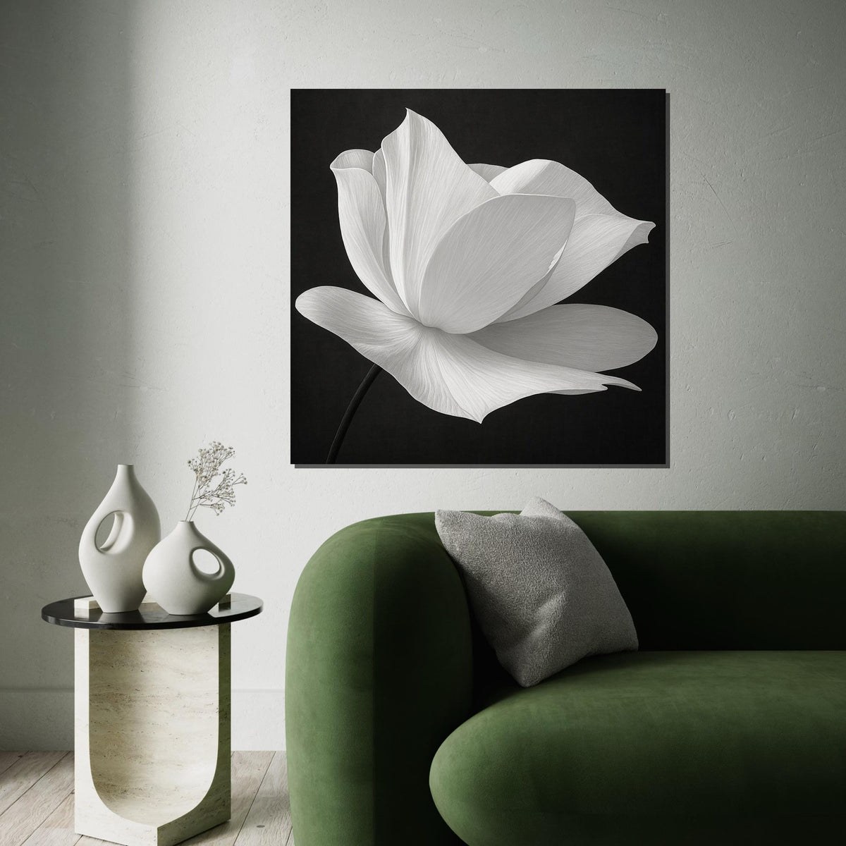 Elegant White Flower Canvas, Black and White Floral Art, Modern Wall Art Canvas Design, Ready to Hang Decoration, Nature Art Print