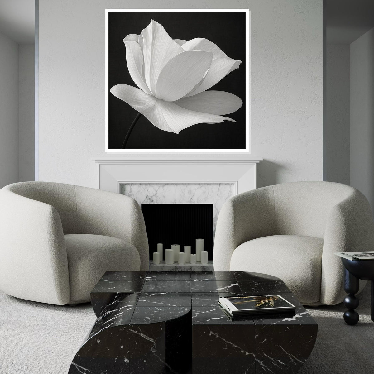 Elegant White Flower Canvas, Black and White Floral Art, Modern Wall Art Canvas Design, Ready to Hang Decoration, Nature Art Print