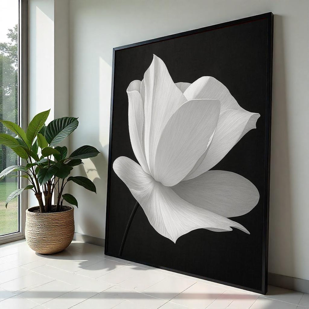 Elegant White Flower Canvas, Black and White Floral Art, Modern Wall Art Canvas Design, Ready to Hang Decoration, Nature Art Print