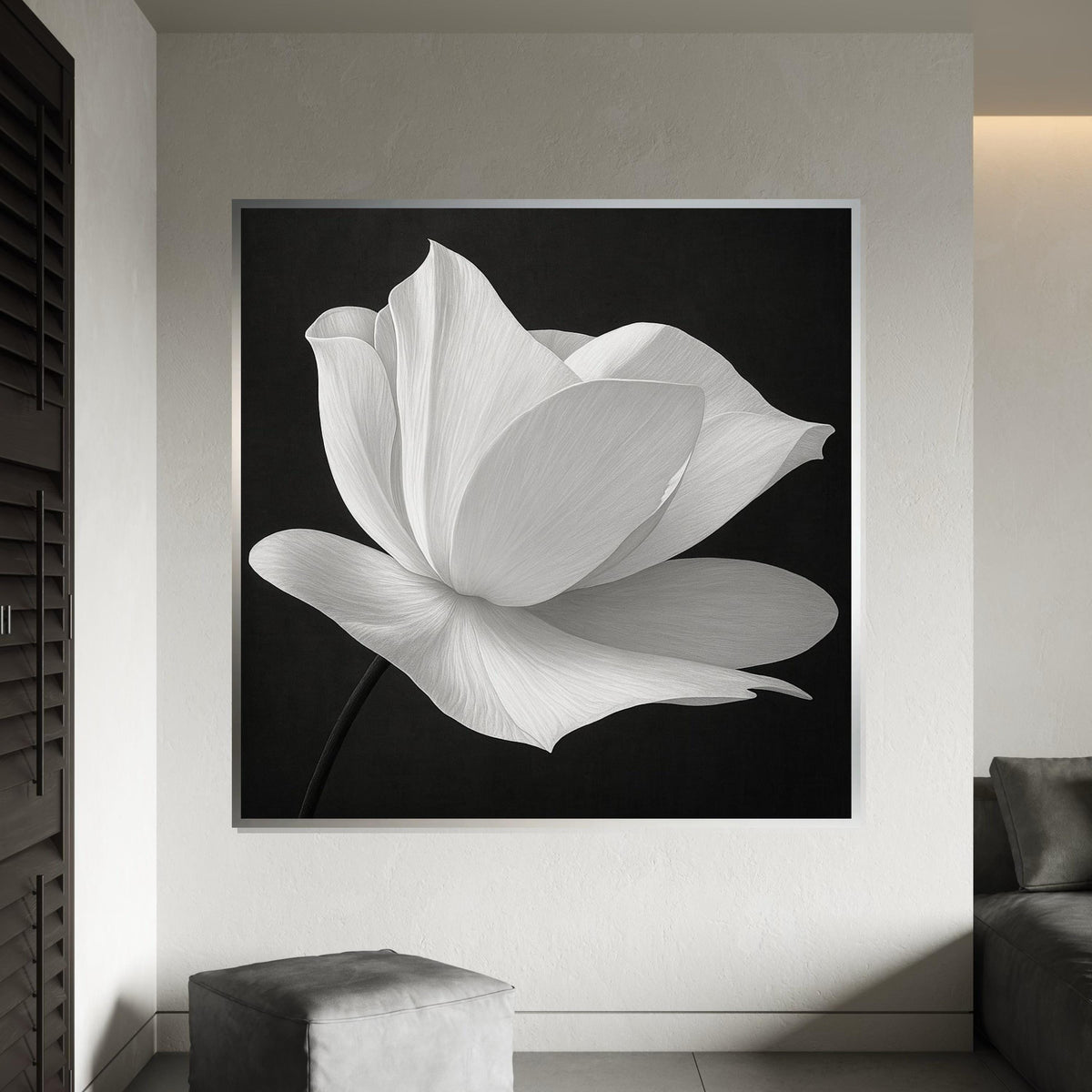 Elegant White Flower Canvas, Black and White Floral Art, Modern Wall Art Canvas Design, Ready to Hang Decoration, Nature Art Print