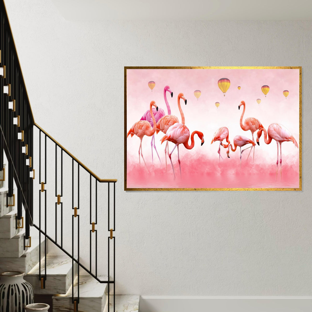 Flamingo Hot Air Balloons Canvas, Pink Flamingo Wall Art, Animal Canvas, Birds in Sky Print, Ready to Hang, Wall Decoration Canvas