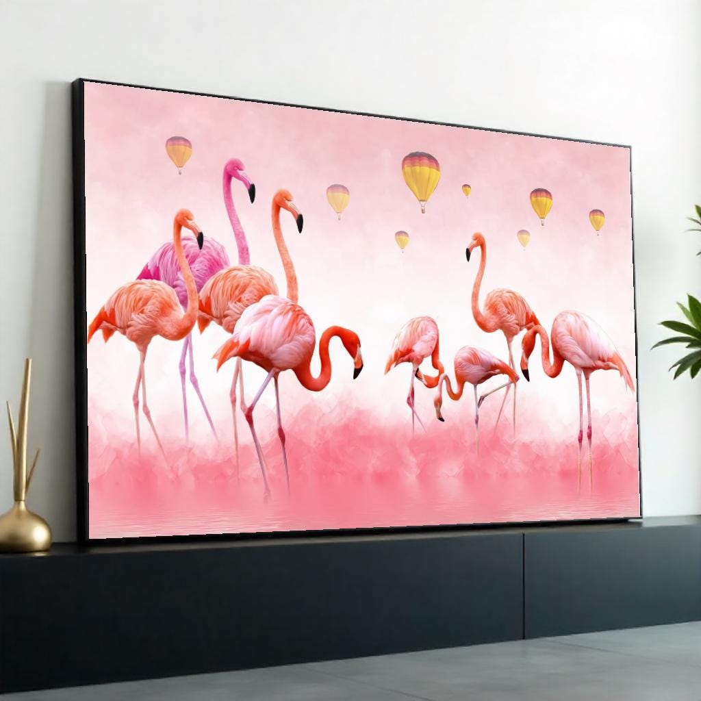 Flamingo Hot Air Balloons Canvas, Pink Flamingo Wall Art, Animal Canvas, Birds in Sky Print, Ready to Hang, Wall Decoration Canvas