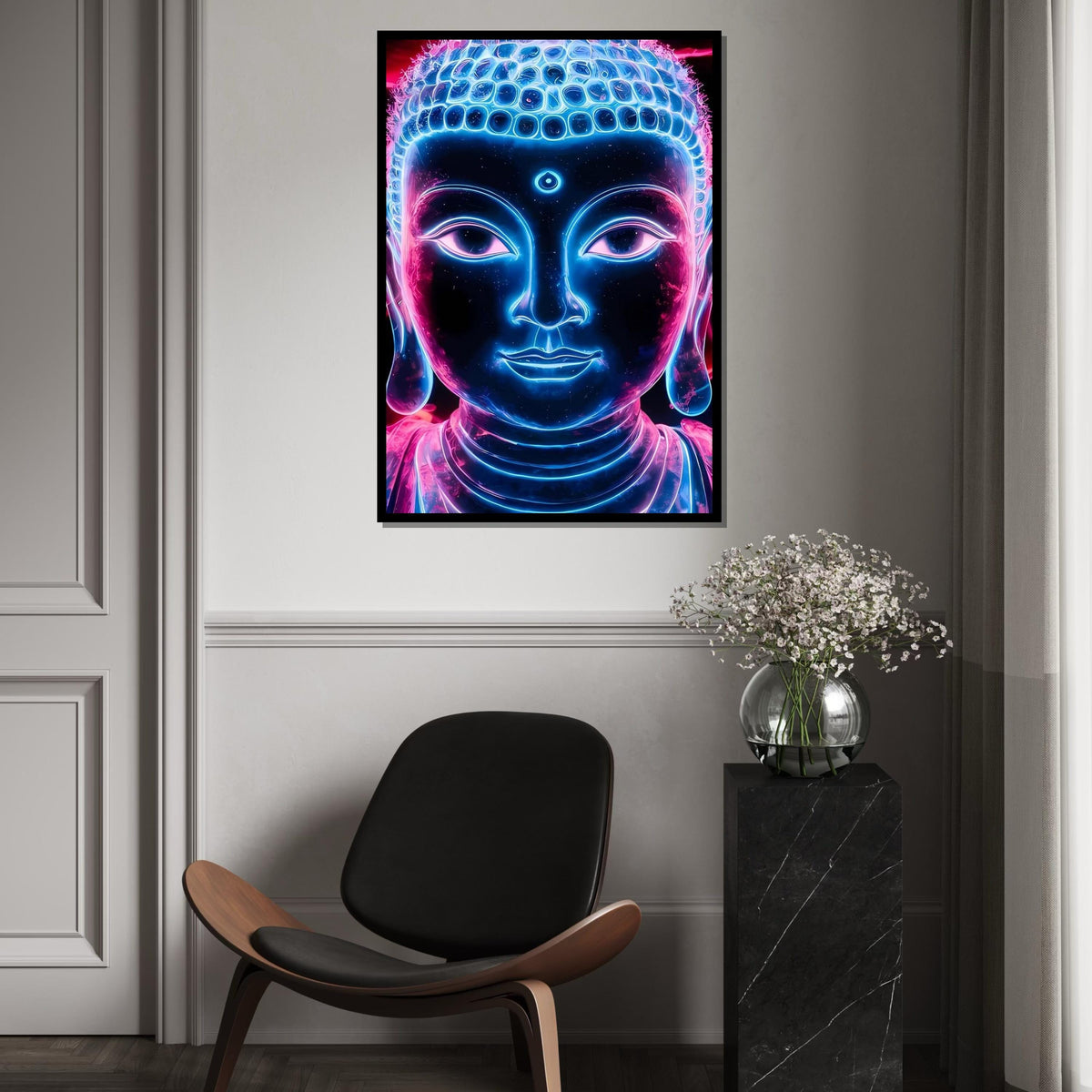 Neon Buddha Canvas, Enlightened Wall Art, Vibrant Meditation Poster, Zen Wall Art Canvas Design, Ready To Hang Decoration