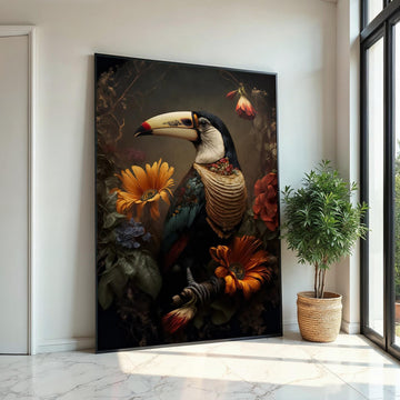 Toucan Floral Canvas Art, Exotic Bird Wall Print, Colorful Flowers Poster, Tropical Wall Art Canvas Design, Ready To Hang Decoration