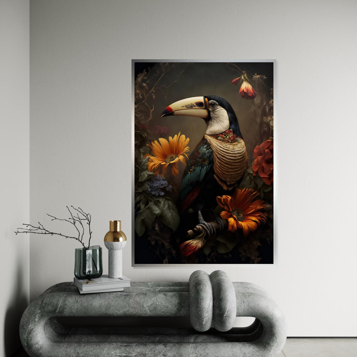 Toucan Floral Canvas Art, Exotic Bird Wall Print, Colorful Flowers Poster, Tropical Wall Art Canvas Design, Ready To Hang Decoration