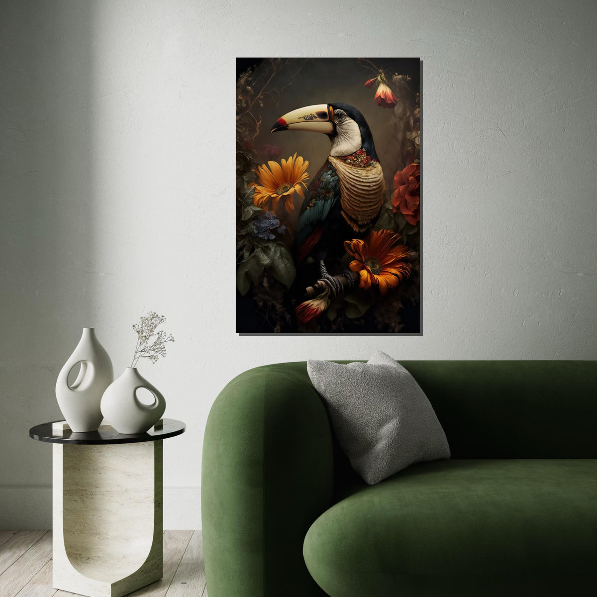 Toucan Floral Canvas Art, Exotic Bird Wall Print, Colorful Flowers Poster, Tropical Wall Art Canvas Design, Ready To Hang Decoration
