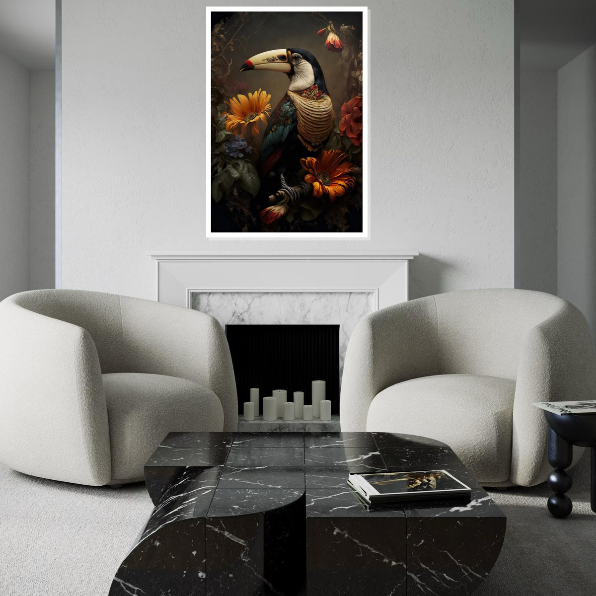 Toucan Floral Canvas Art, Exotic Bird Wall Print, Colorful Flowers Poster, Tropical Wall Art Canvas Design, Ready To Hang Decoration