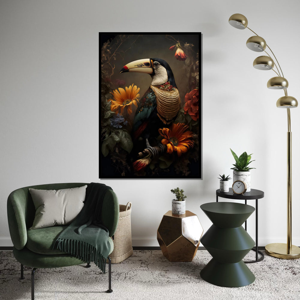 Toucan Floral Canvas Art, Exotic Bird Wall Print, Colorful Flowers Poster, Tropical Wall Art Canvas Design, Ready To Hang Decoration