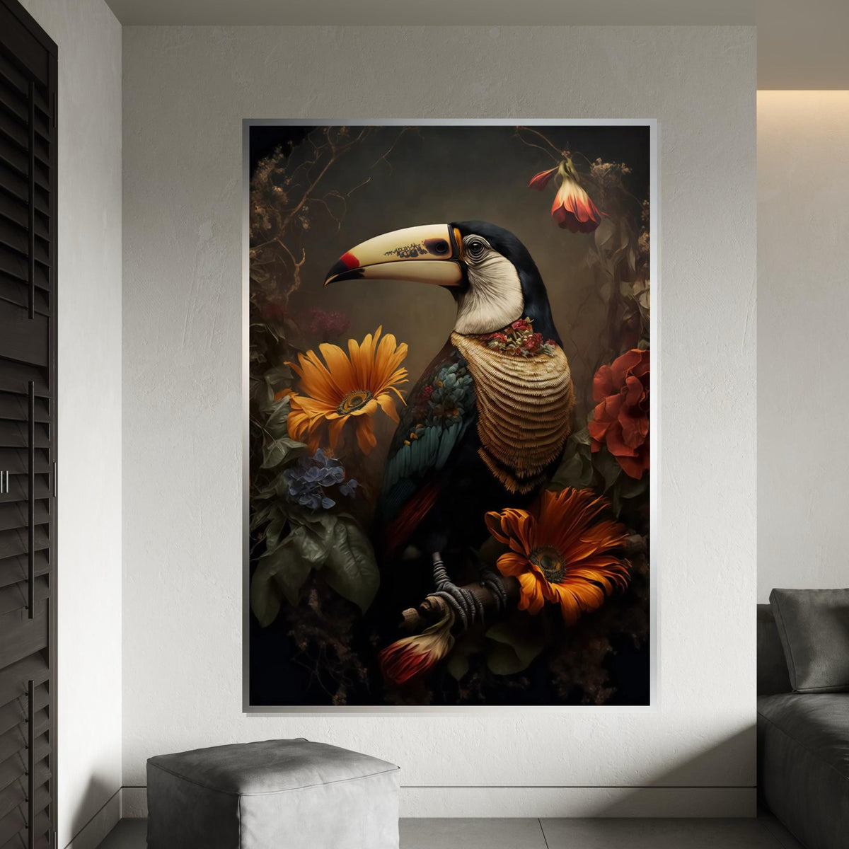 Toucan Floral Canvas Art, Exotic Bird Wall Print, Colorful Flowers Poster, Tropical Wall Art Canvas Design, Ready To Hang Decoration