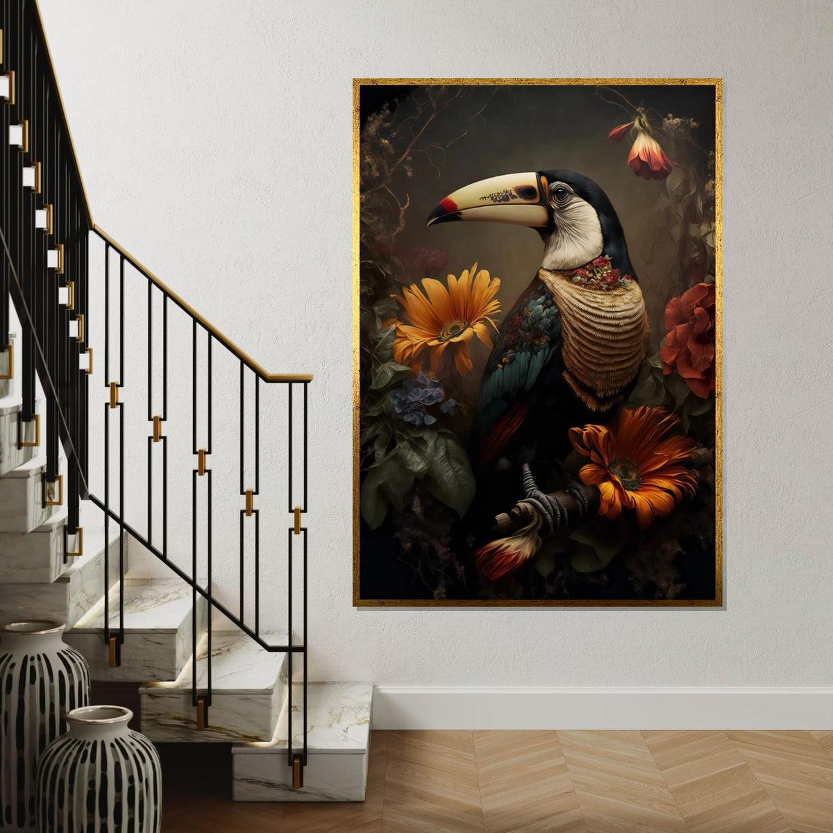 Toucan Floral Canvas Art, Exotic Bird Wall Print, Colorful Flowers Poster, Tropical Wall Art Canvas Design, Ready To Hang Decoration