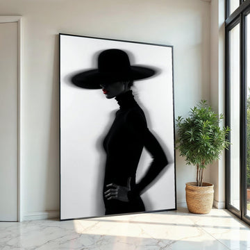 Mystery Woman Canvas Art, Black Hat Silhouette, Elegant Wall Print, Fashion Art, Wall Art Canvas Design, Ready To Hang Decoration
