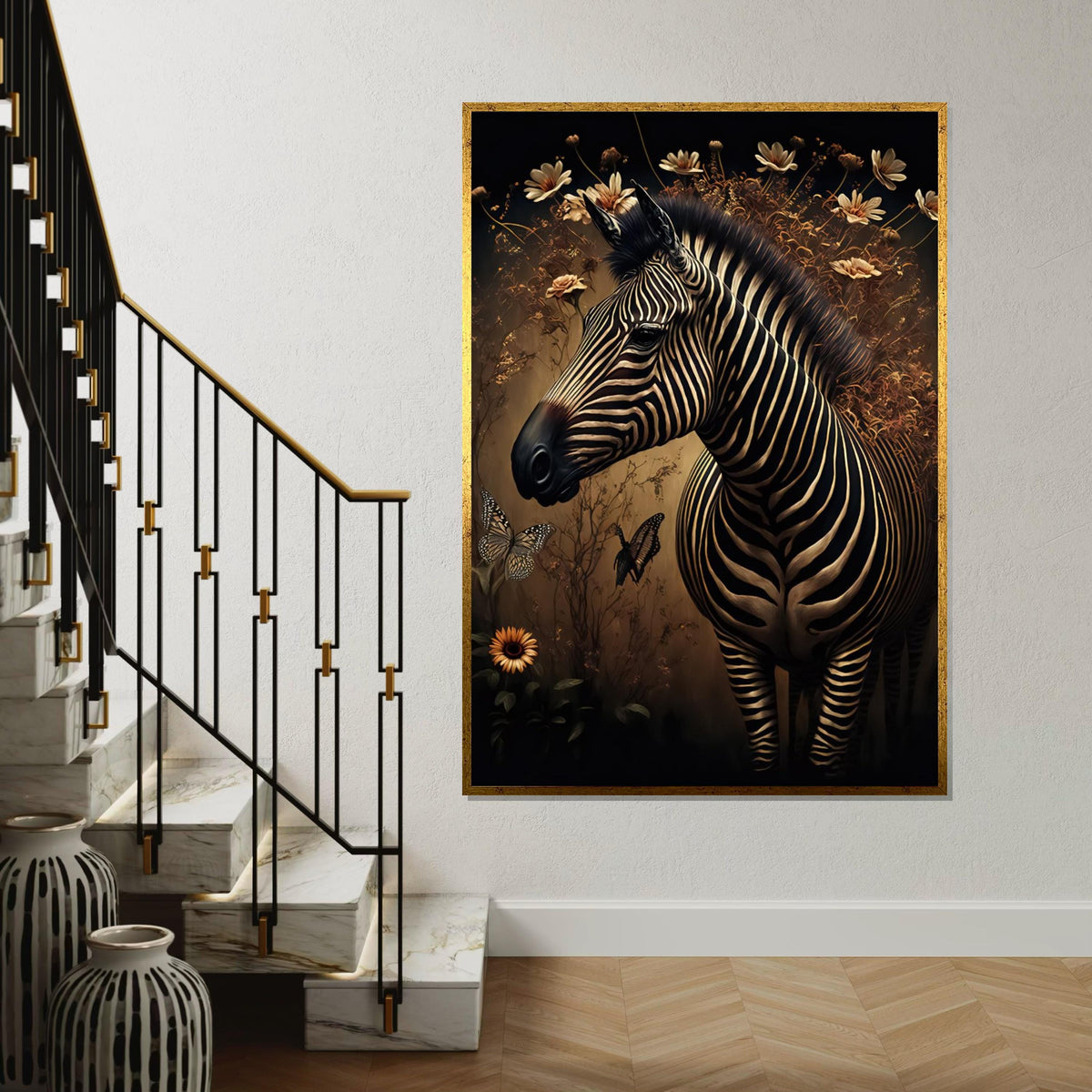 Zebra Canvas Wall Art, Floral Zebra Print, Butterfly Poster, Animal Wall Art Canvas Design, Ready to Hang Decoration, Print Art