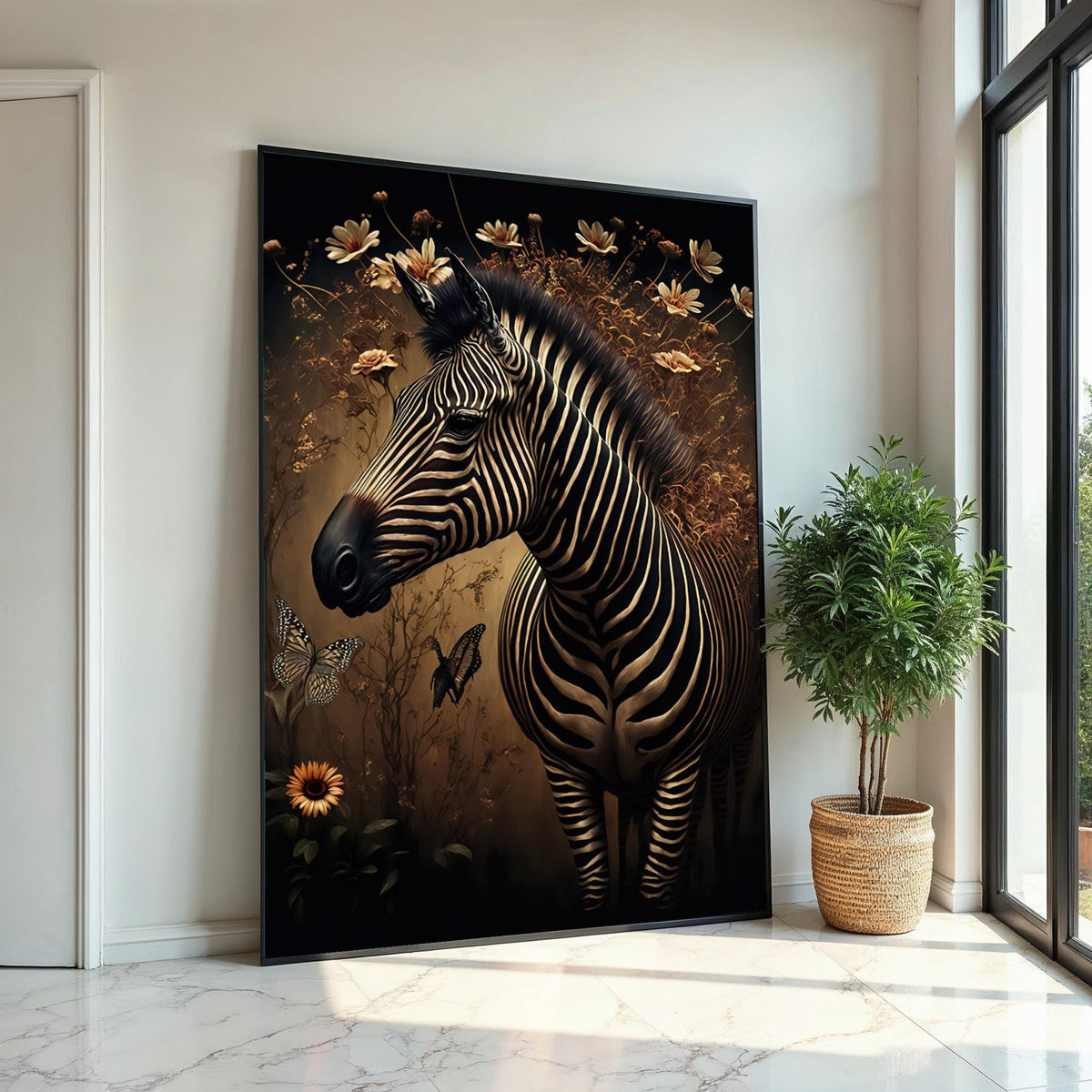 Zebra Canvas Wall Art, Floral Zebra Print, Butterfly Poster, Animal Wall Art Canvas Design, Ready to Hang Decoration, Print Art