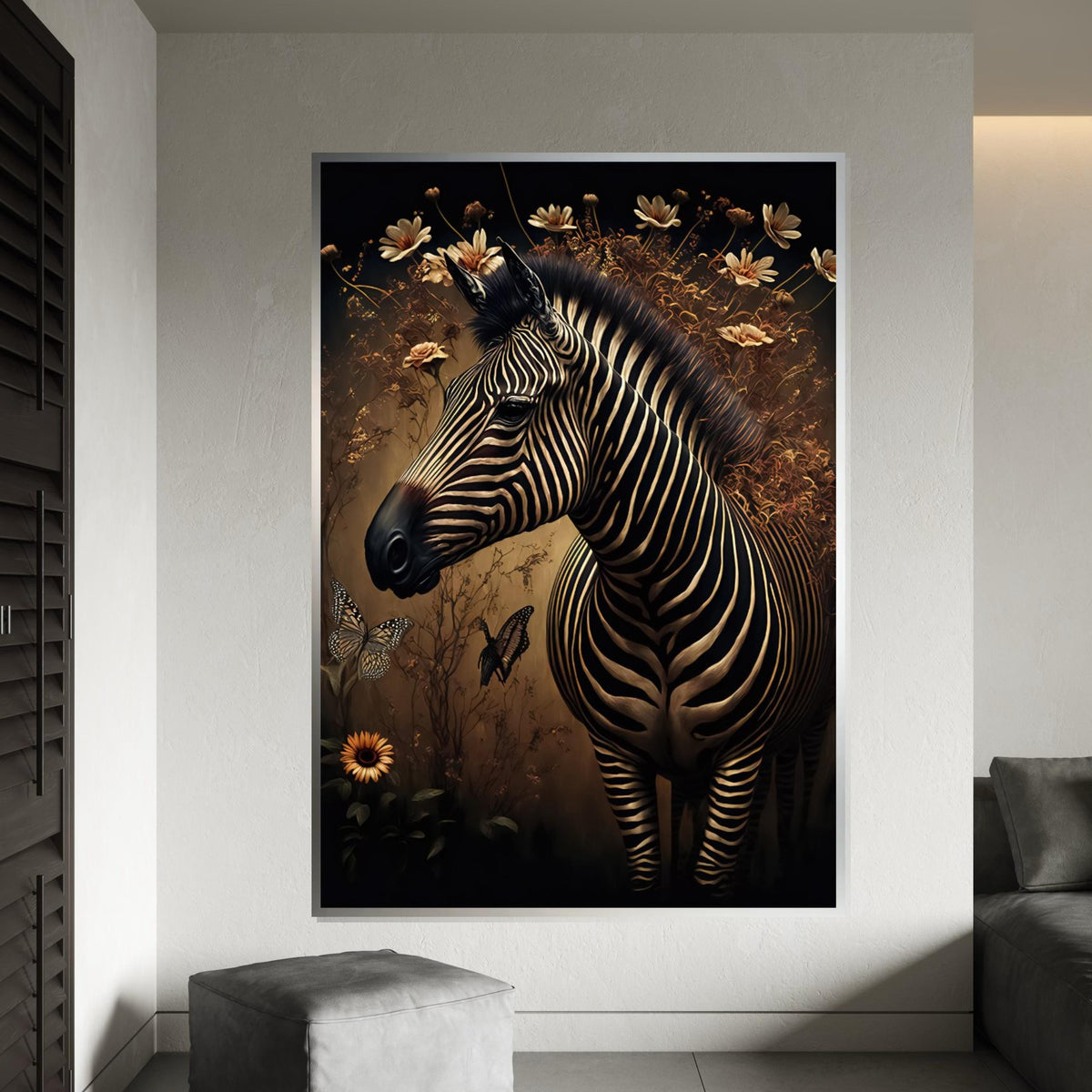 Zebra Canvas Wall Art, Floral Zebra Print, Butterfly Poster, Animal Wall Art Canvas Design, Ready to Hang Decoration, Print Art