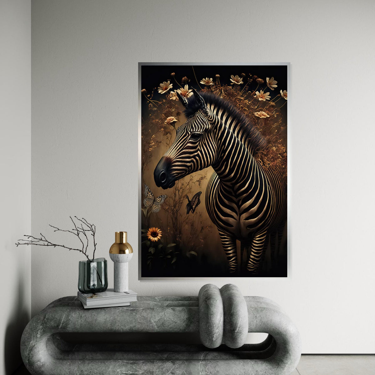 Zebra Canvas Wall Art, Floral Zebra Print, Butterfly Poster, Animal Wall Art Canvas Design, Ready to Hang Decoration, Print Art