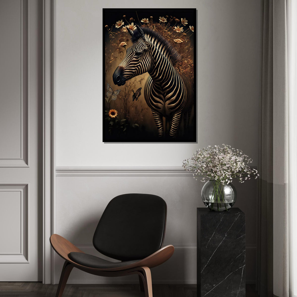Zebra Canvas Wall Art, Floral Zebra Print, Butterfly Poster, Animal Wall Art Canvas Design, Ready to Hang Decoration, Print Art