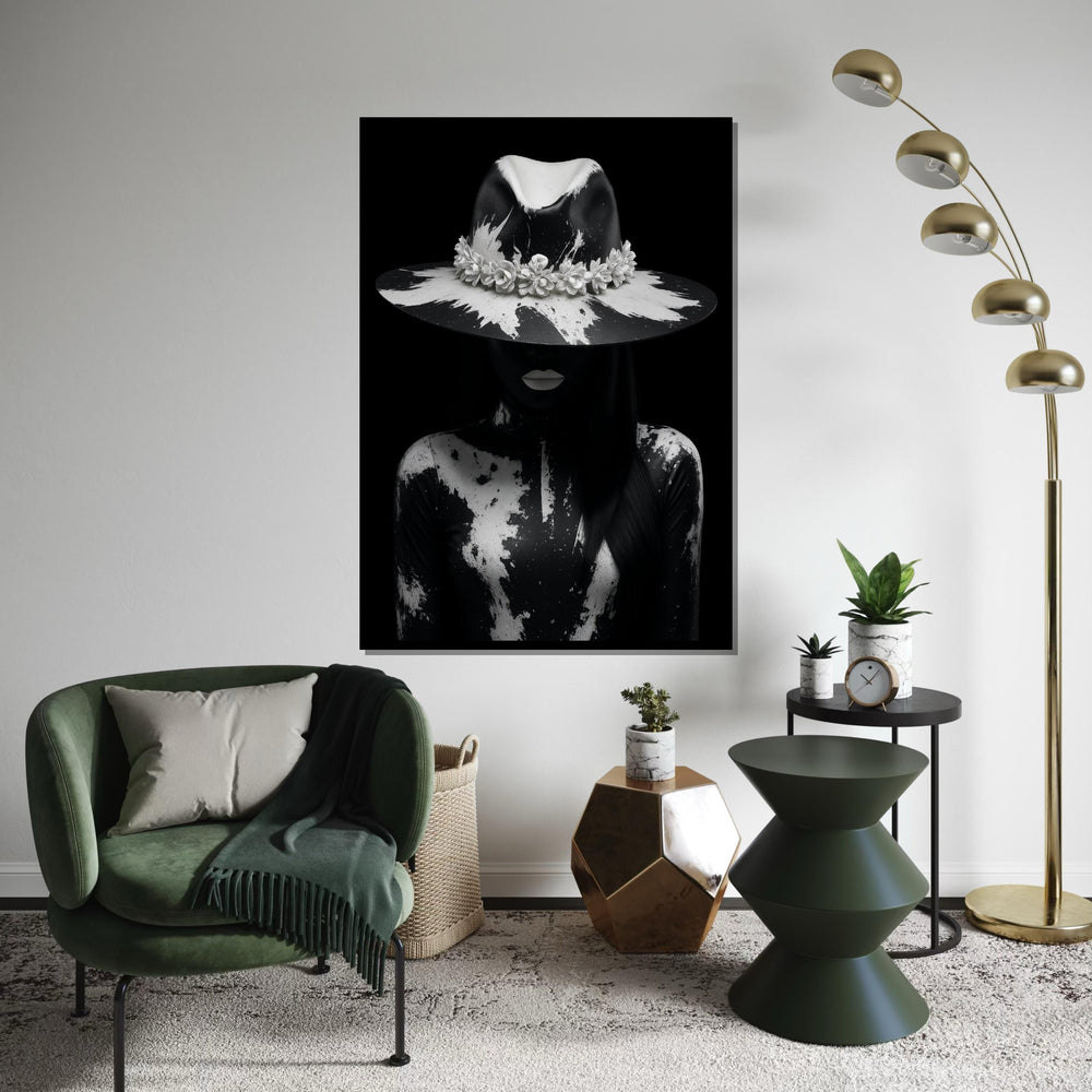 Monochrome Mystery, Black and White Portrait Canvas, Artistic Hat Design, Dark Aesthetic, Wall Art Canvas Design, Ready to Hang Decor