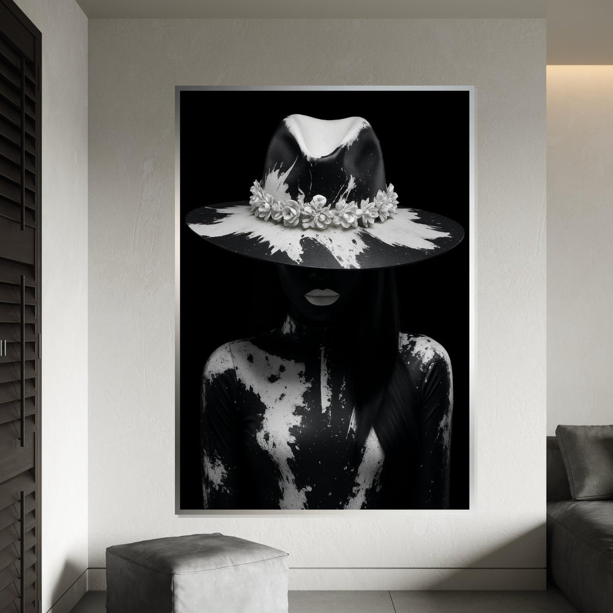 Monochrome Mystery, Black and White Portrait Canvas, Artistic Hat Design, Dark Aesthetic, Wall Art Canvas Design, Ready to Hang Decor