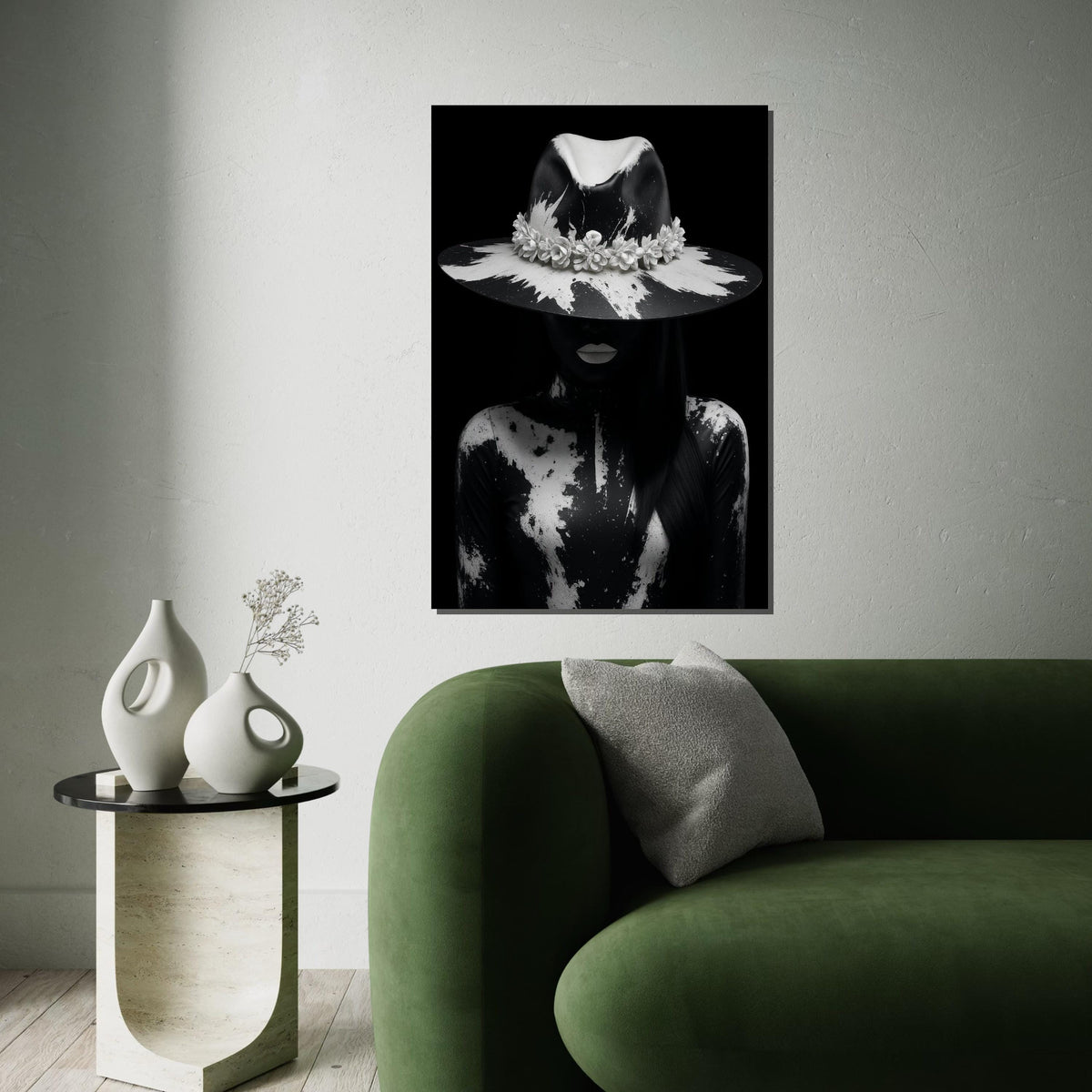Monochrome Mystery, Black and White Portrait Canvas, Artistic Hat Design, Dark Aesthetic, Wall Art Canvas Design, Ready to Hang Decor