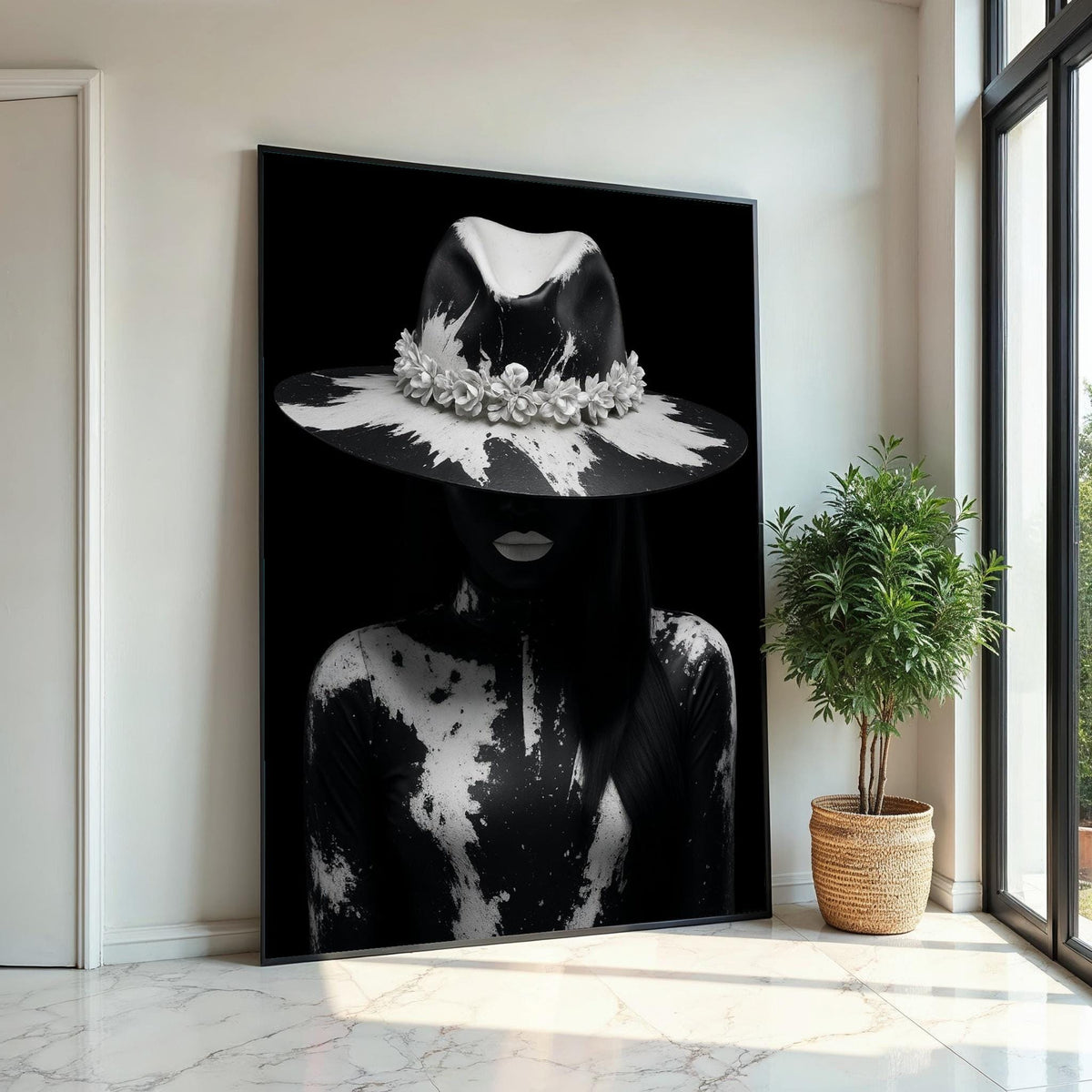 Monochrome Mystery, Black and White Portrait Canvas, Artistic Hat Design, Dark Aesthetic, Wall Art Canvas Design, Ready to Hang Decor