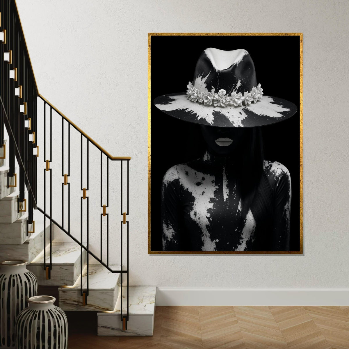 Monochrome Mystery, Black and White Portrait Canvas, Artistic Hat Design, Dark Aesthetic, Wall Art Canvas Design, Ready to Hang Decor