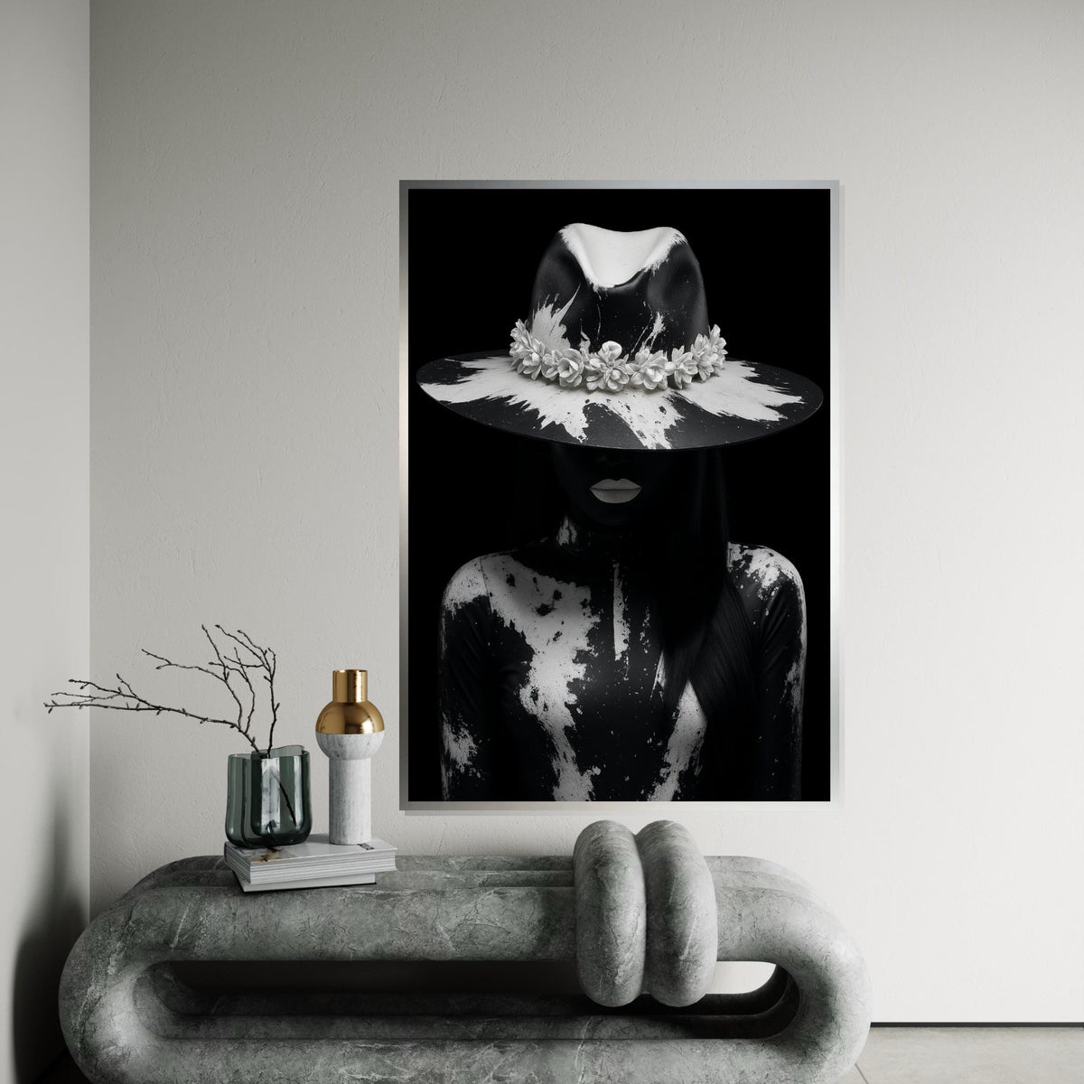 Monochrome Mystery, Black and White Portrait Canvas, Artistic Hat Design, Dark Aesthetic, Wall Art Canvas Design, Ready to Hang Decor
