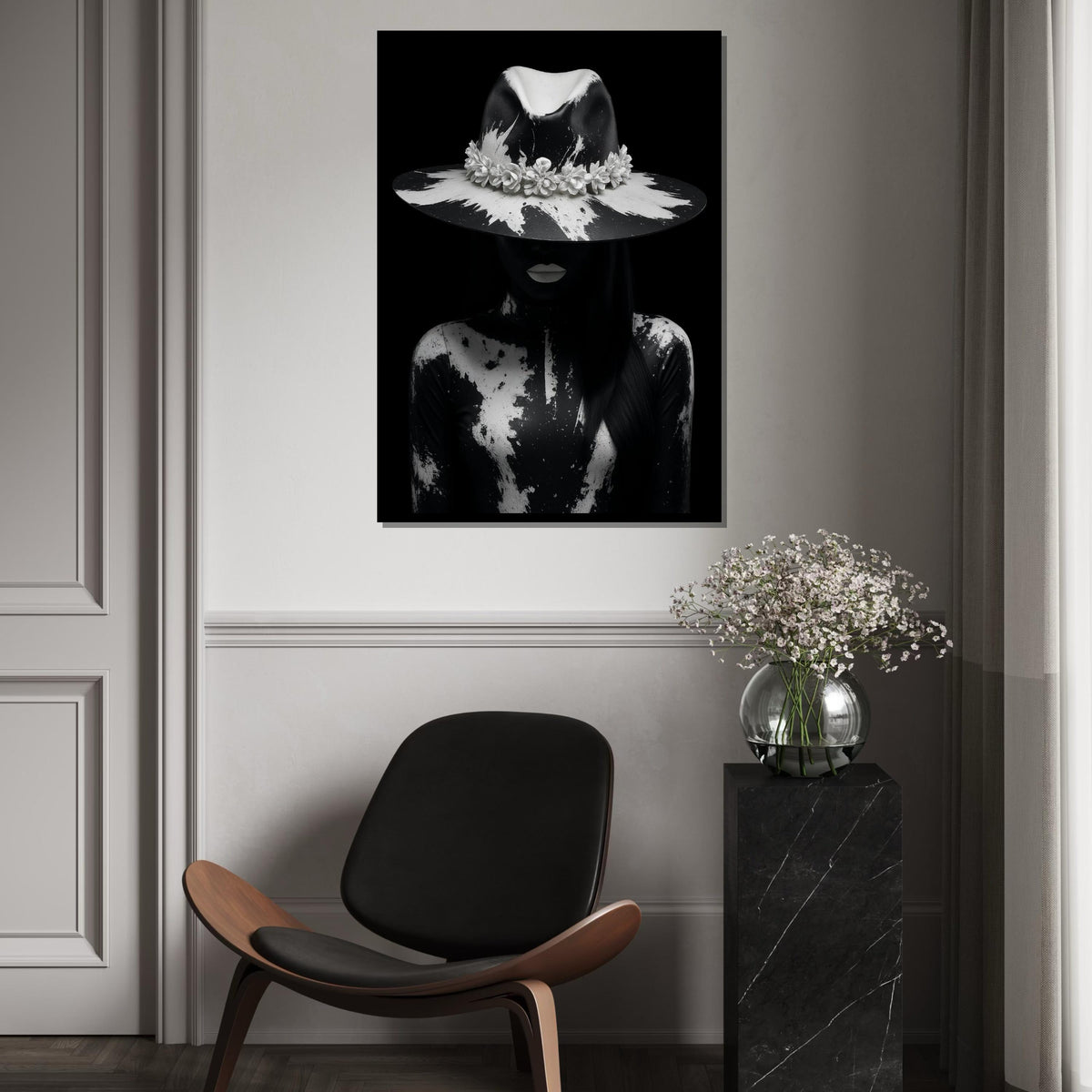 Monochrome Mystery, Black and White Portrait Canvas, Artistic Hat Design, Dark Aesthetic, Wall Art Canvas Design, Ready to Hang Decor