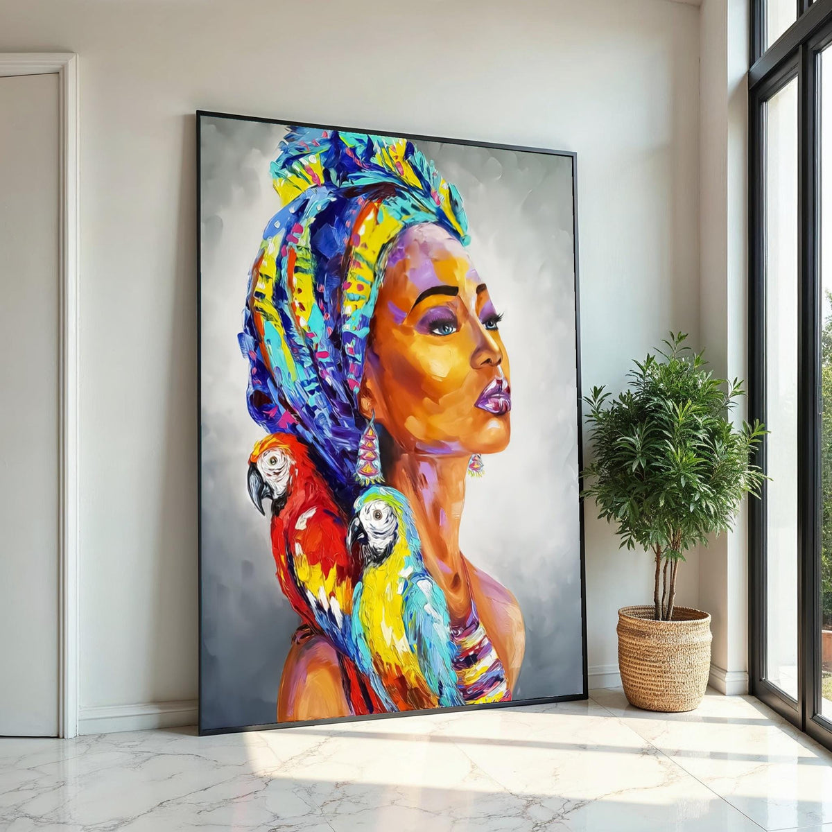 Vibrant Parrot Lady Canvas, Exotic Woman Art, Multicolor Parrots Portrait, Wall Art Canvas Design, Ready To Hang Decoration