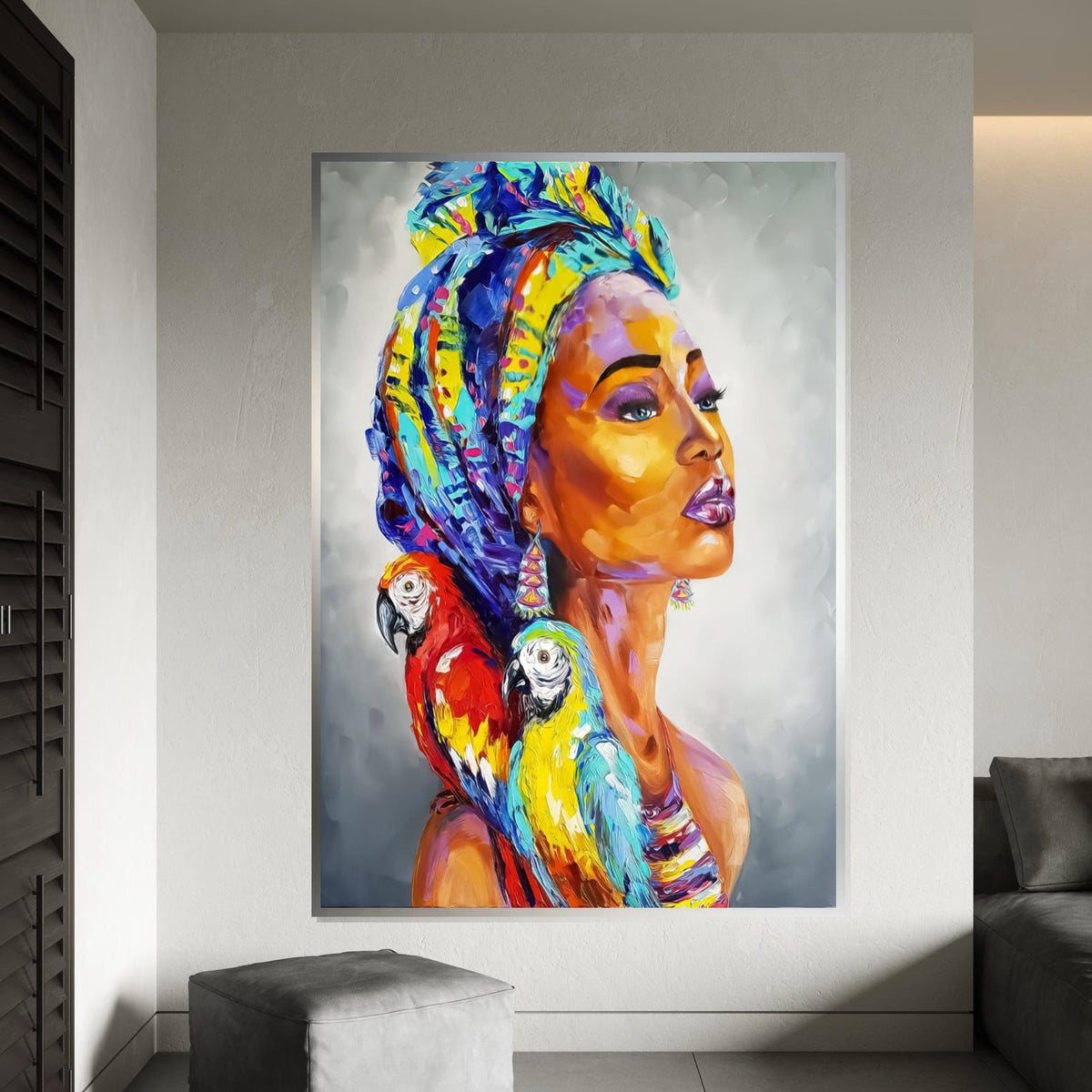 Vibrant Parrot Lady Canvas, Exotic Woman Art, Multicolor Parrots Portrait, Wall Art Canvas Design, Ready To Hang Decoration
