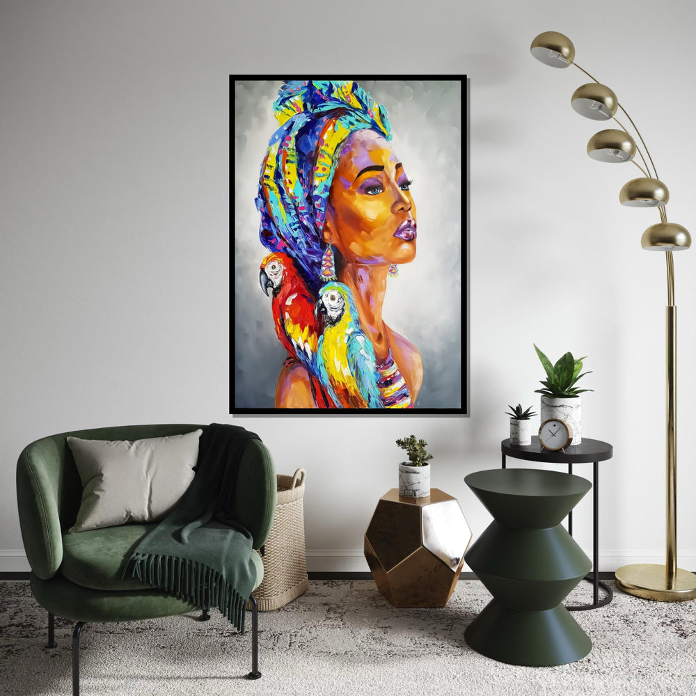 Vibrant Parrot Lady Canvas, Exotic Woman Art, Multicolor Parrots Portrait, Wall Art Canvas Design, Ready To Hang Decoration