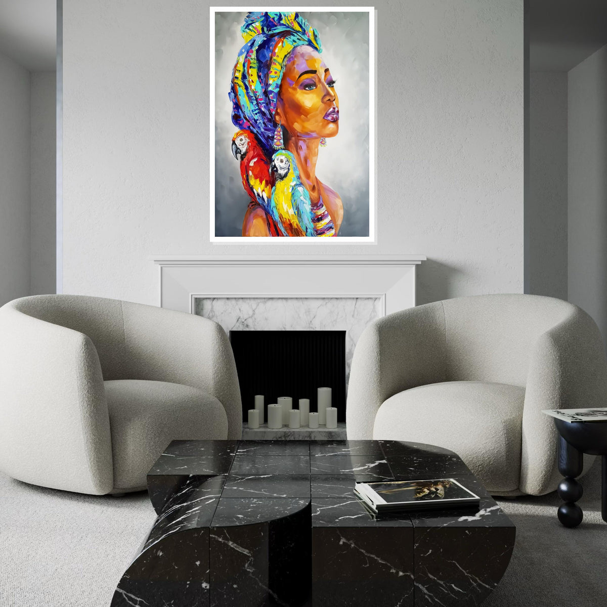 Vibrant Parrot Lady Canvas, Exotic Woman Art, Multicolor Parrots Portrait, Wall Art Canvas Design, Ready To Hang Decoration