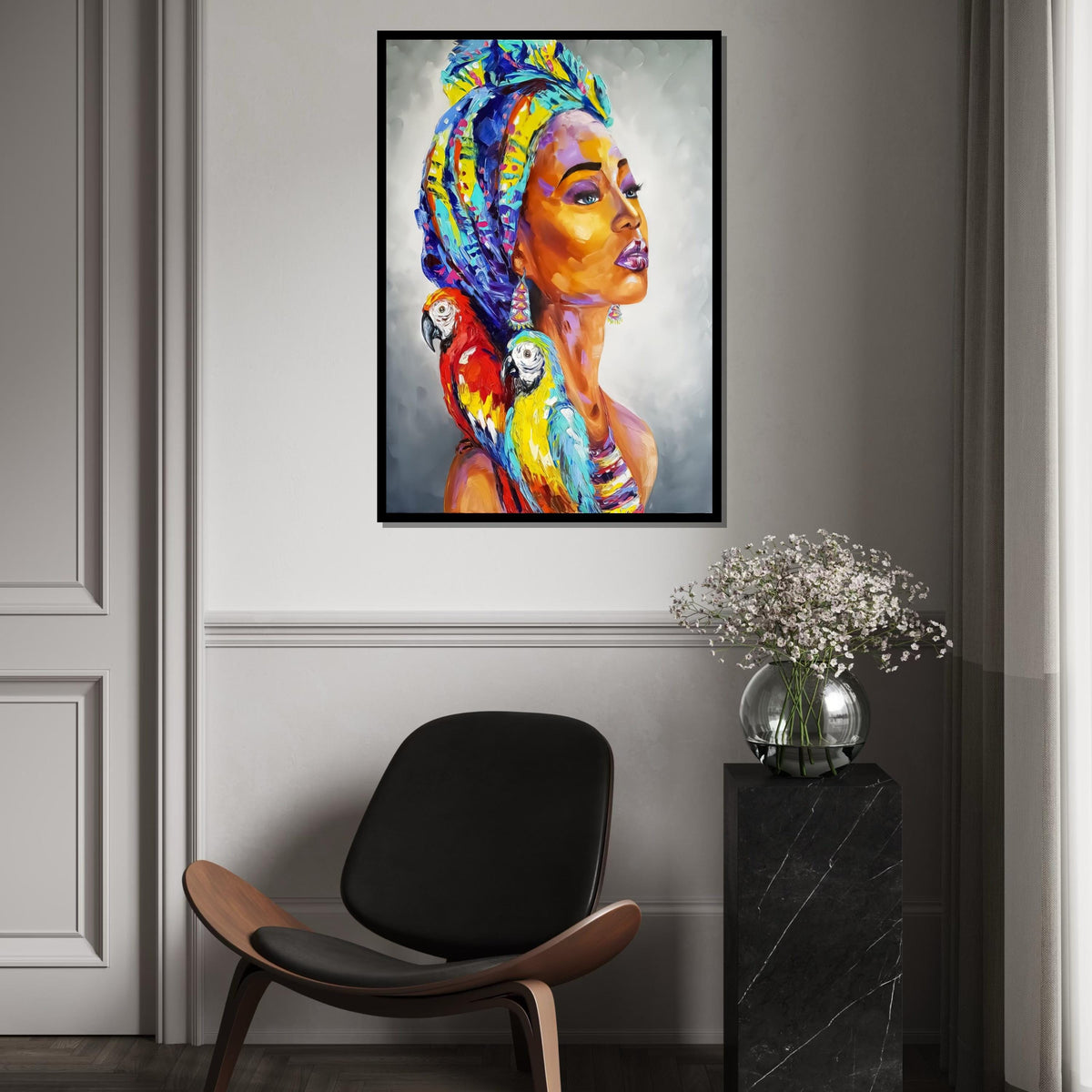 Vibrant Parrot Lady Canvas, Exotic Woman Art, Multicolor Parrots Portrait, Wall Art Canvas Design, Ready To Hang Decoration